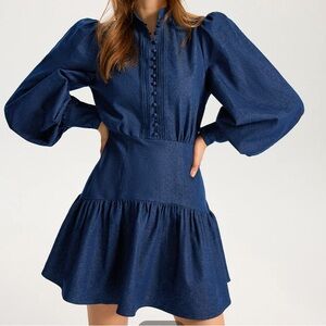 Commense Navy Denim Puff Sleeve Mini Dress